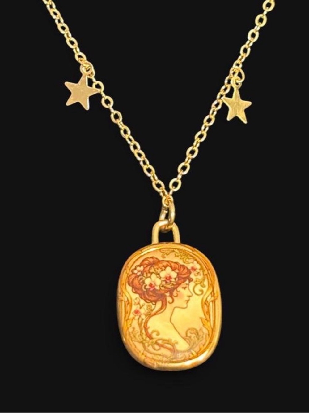 Gold-Tone Cameo Pendant Necklace with Floral Profile - Women's Jewelry